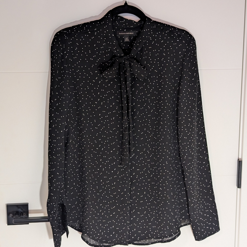 Banana Republic Black White Polka Dot Bow Neck Blouse Small